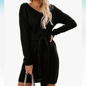 Womens long sleeve Tie Waist knit mini sweater pencil dress